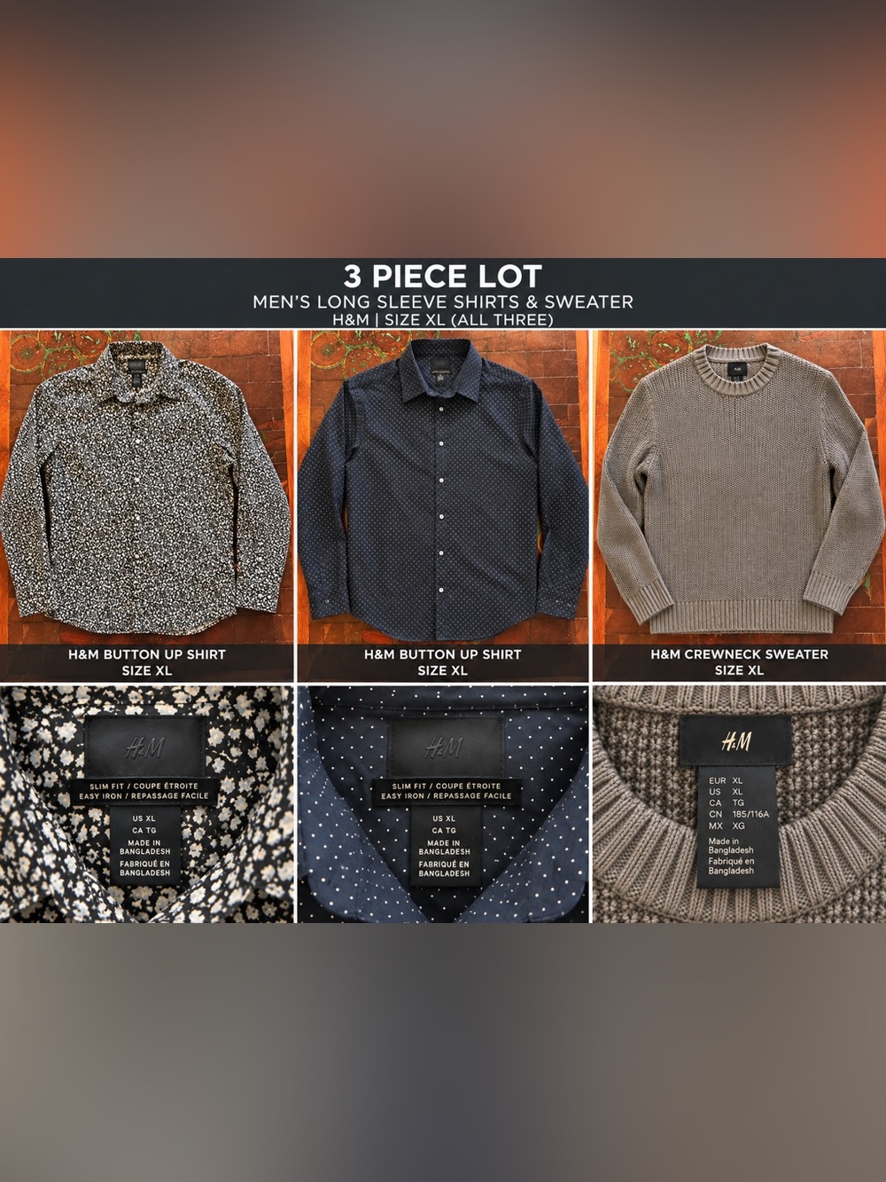 3 Pc H&M Men’s XL Lot Slim Fit Button Up Shirts Chunky Knit Sweater